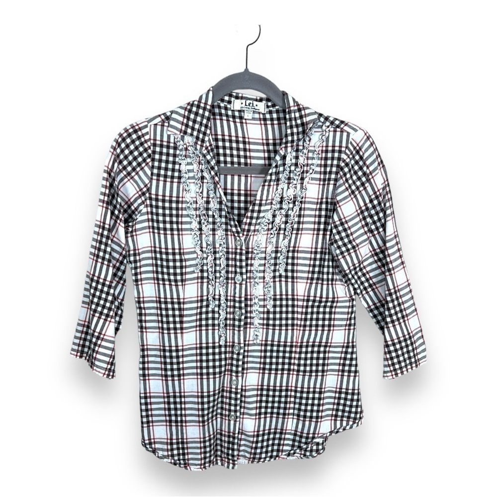 LARGE JUNIORS LEI PLAID BUTTON FRONT TOP RUFFLE ACCENT COTTON